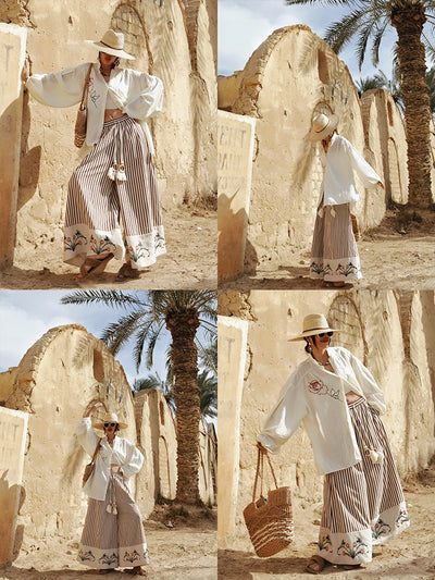 TIYIHAILEY Wide Leg Long Pants For Women Cotton Trousers Elastic Waist Casual Striped Embroidery Ladies 2025 New Fashion