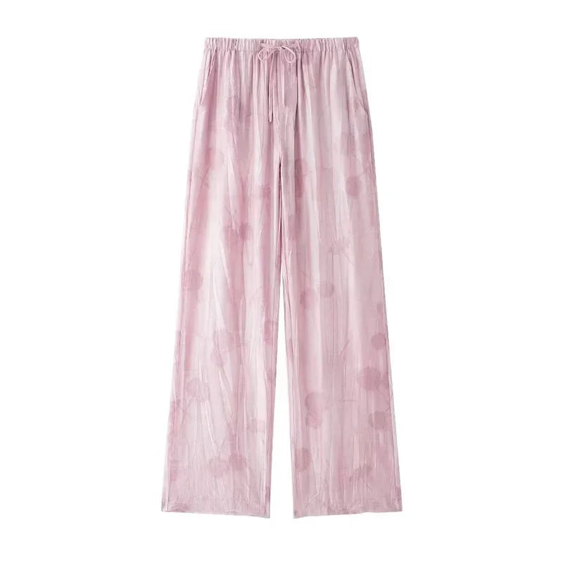Women's Jacquard Oversized Shirt Trousers Short Sleeves Suit Lapel Shirt High Waist Elastic Straight Leg Pants Chic Female Set