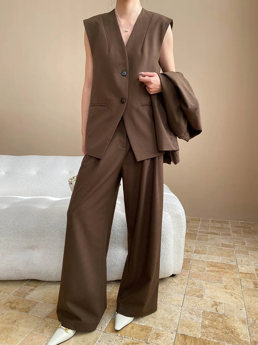 Spring and Autumn Women's Casual Solid Color Loose Jacket+V-neck Vest+Wide Leg Pants Set