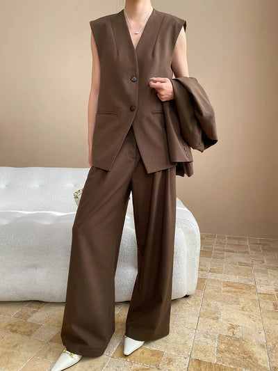 Spring and Autumn Women's Casual Solid Color Loose Jacket+V-neck Vest+Wide Leg Pants Set