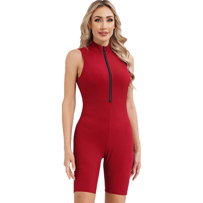 Womens Athletic Tank Bodysuit Sleeveless Front Half Zip Shorts Jumpsuit Leotard Gym Yoga Workout Cycling Sportswear Swimsuit