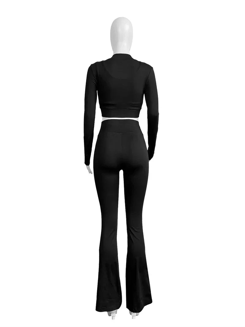 2024 Autumn Solid Women Tracksuits Slim 3 Piece Sets Tank Crop Tops + Zipper Long Sleeve Jackets + High Waist Flare Pants Suits