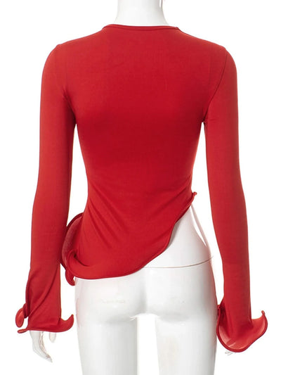 Sexy red ruffles crop top t shirt women birthday party