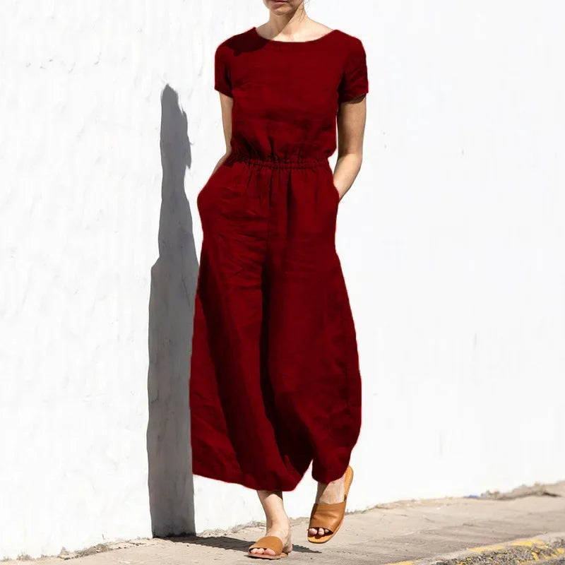 2025 Summer Short Sleeve Rompers Casual Loose Tighten Waist Solid Work Long Playsuit Elegant Women Jumpsuits Retro Overalls