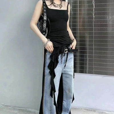 Deeptown Sexy Tank Top Asymmetrical Black Y2k Women Ruffle Grunge Backless Coquette Fashion Streetwear Tops Solid Aesthetics