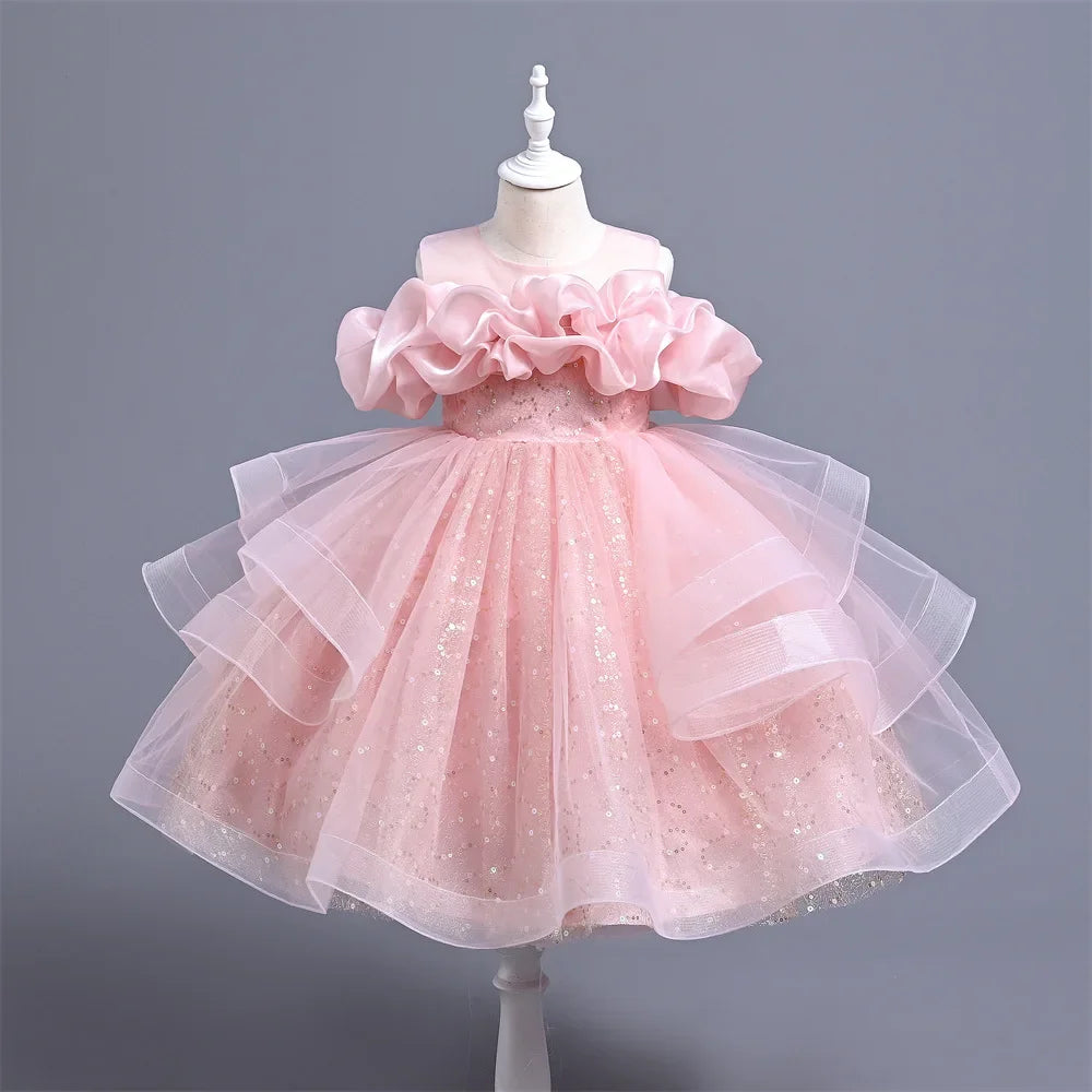 New Girl's Wedding Evening Dress Petal Sequin Mesh Sleeveless Dress Birthday Party School Graduation Party Dress