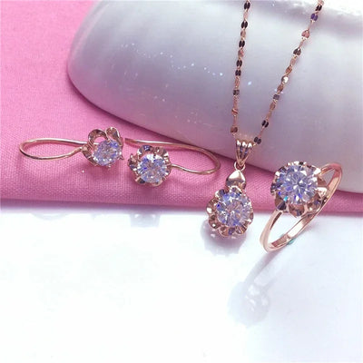 White Shiny Flower Jewelry Set Plated  Rose Gold Earrings for Women Charms Rings Necklace Elegant Light Luxury Necklaces