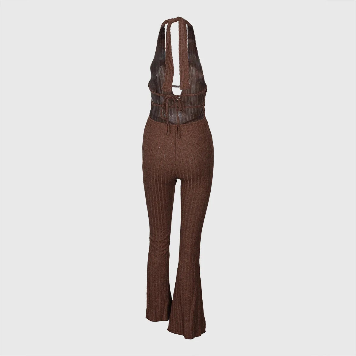 Joskaa Knitted Halter Backless Jumpsuit Women Sexy Deep V-Neck Bow Sleeveless Skinny Overalls 2025 Fitness Sportswear Clubwear