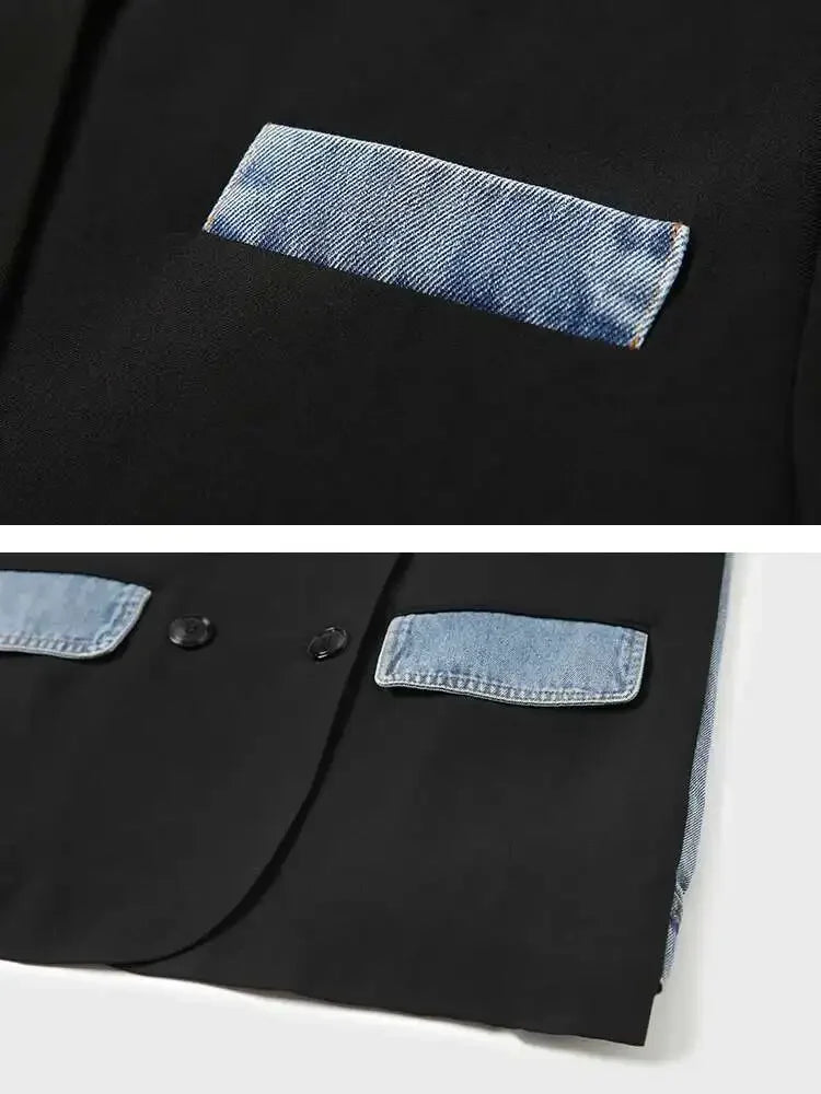 DEAT Women's Blazer Notched Collar Patchwork Denim Long Sleeve Khaki Long Sleeve Suit Coat  2024 Summer New Fashion  29L1530