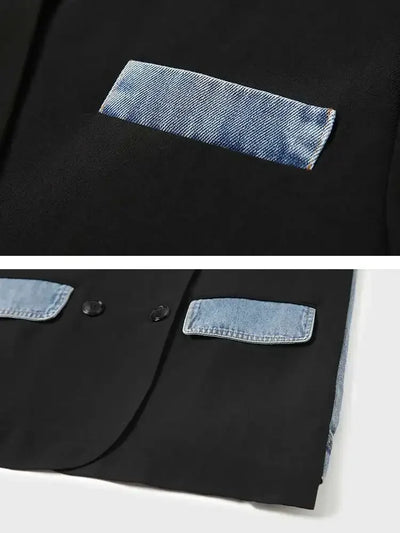 DEAT Women's Blazer Notched Collar Patchwork Denim Long Sleeve Khaki Long Sleeve Suit Coat  2024 Summer New Fashion  29L1530