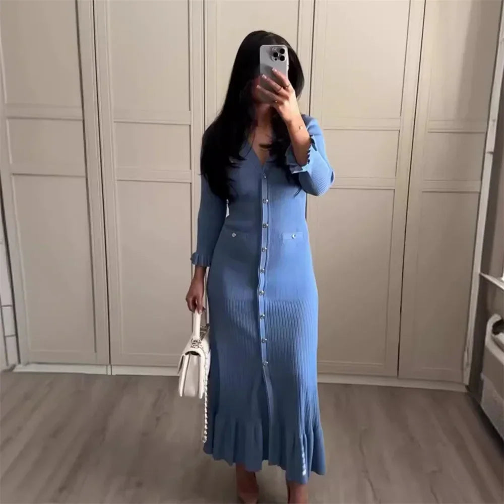 Ruffles Hem Knitted Dress For Women Elegant V Neck Long Sleeve Single Breasted Loose Vestidos Fashion Office Lady Knit Robe