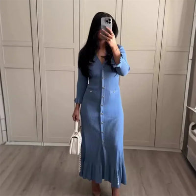 Ruffles Hem Knitted Dress For Women Elegant V Neck Long Sleeve Single Breasted Loose Vestidos Fashion Office Lady Knit Robe