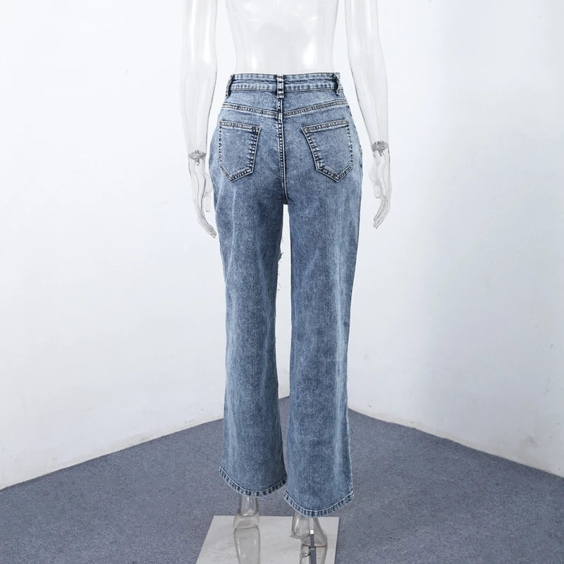 Women Fashion See Trough Jeans Y2k Pockets Pants Vintage Mesh Hollow Sheer High Waist Trousers Girls Straight Wide Leg Bottoms