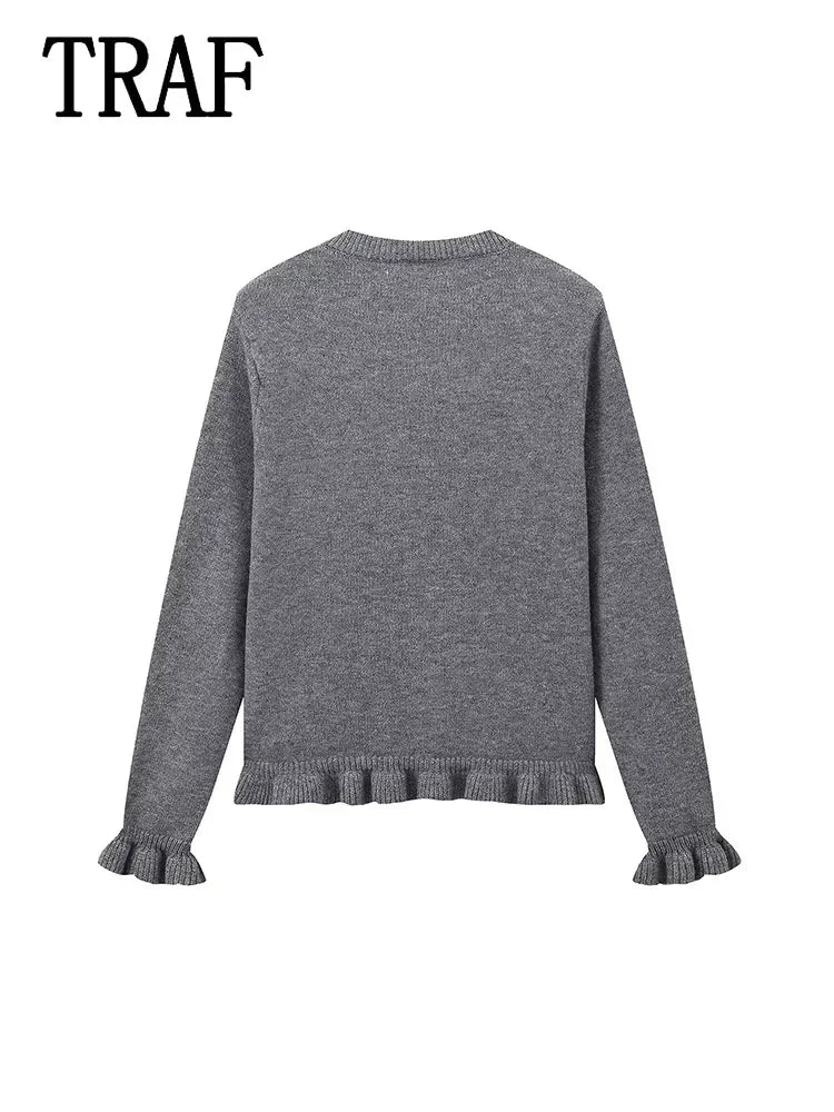Women Ruffle Gray Knitted Cardigan Outerwears New Autumn Women Long Sleeve Sweater Elegant Button-Down Cardigan