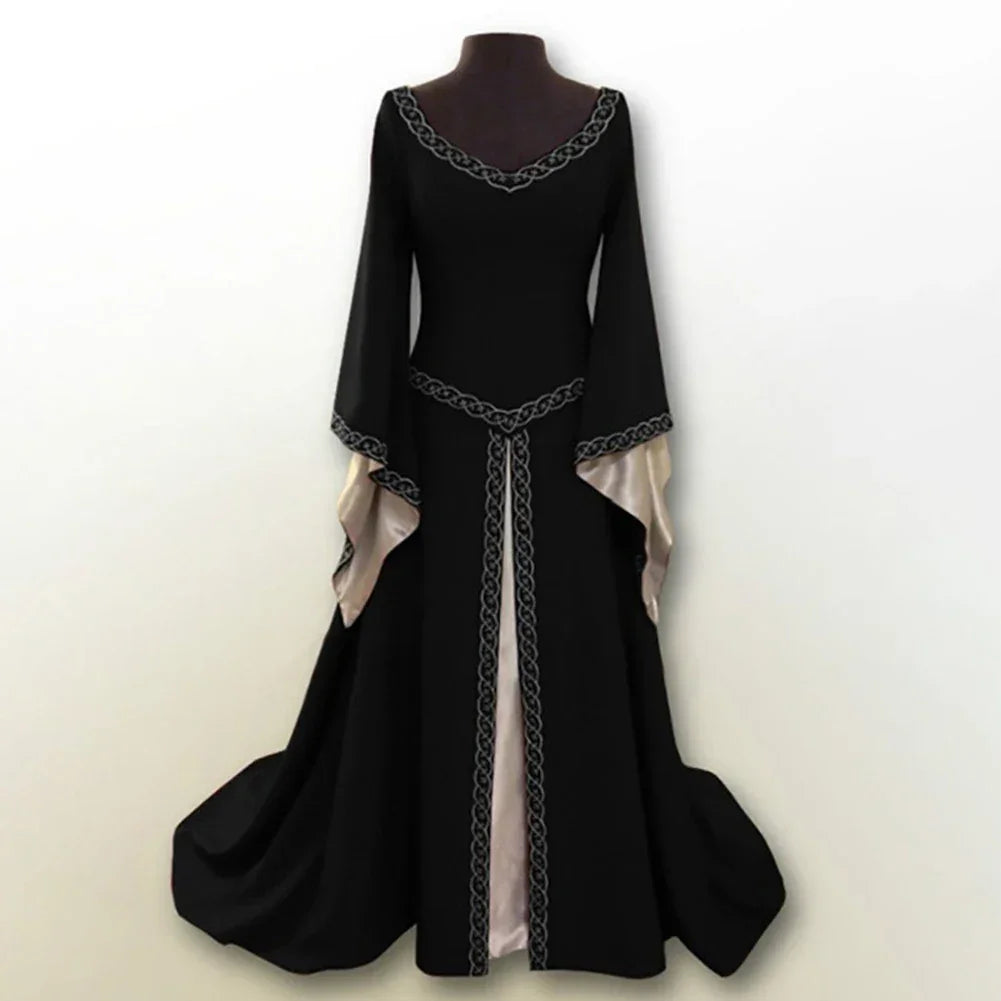Women Ladies Medieval Renaissance Dress Wedding Party Cosplay Costume V Neck Maxi Dress Robe Fashion