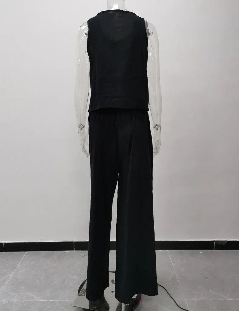 Women's New Cotton Linen Suit Summer Casual Sleeveless Round Neck Top Trousers Wide Leg Pants Two-piece Set For Women