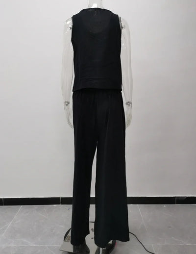 Women's New Cotton Linen Suit Summer Casual Sleeveless Round Neck Top Trousers Wide Leg Pants Two-piece Set For Women