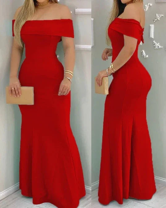 Women's Evening Dress 2024 Spring/summer Latest Intelligent Solid Color Red Temperation One Shoulder Party Tight Long Skirt