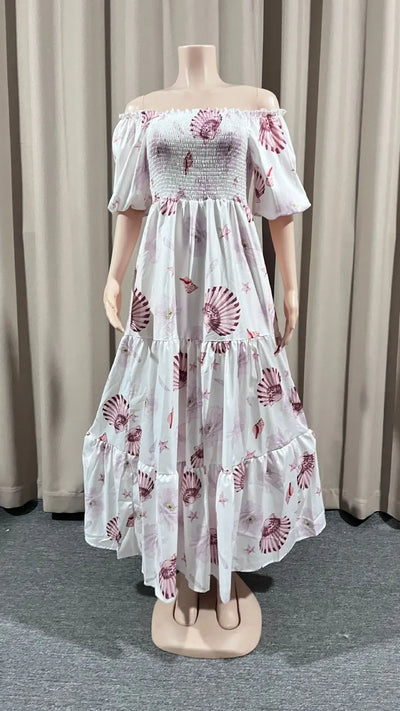 Summer Dresses for Women Print Off Shoulder Broken Flower Open Shoulder Long Dress Streetwear