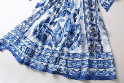 2025 Runway Designer Inspired Women's Silk Maxi Dress | Blue Floral Printed Wrap Dress | Summer Elegant Evening Gown