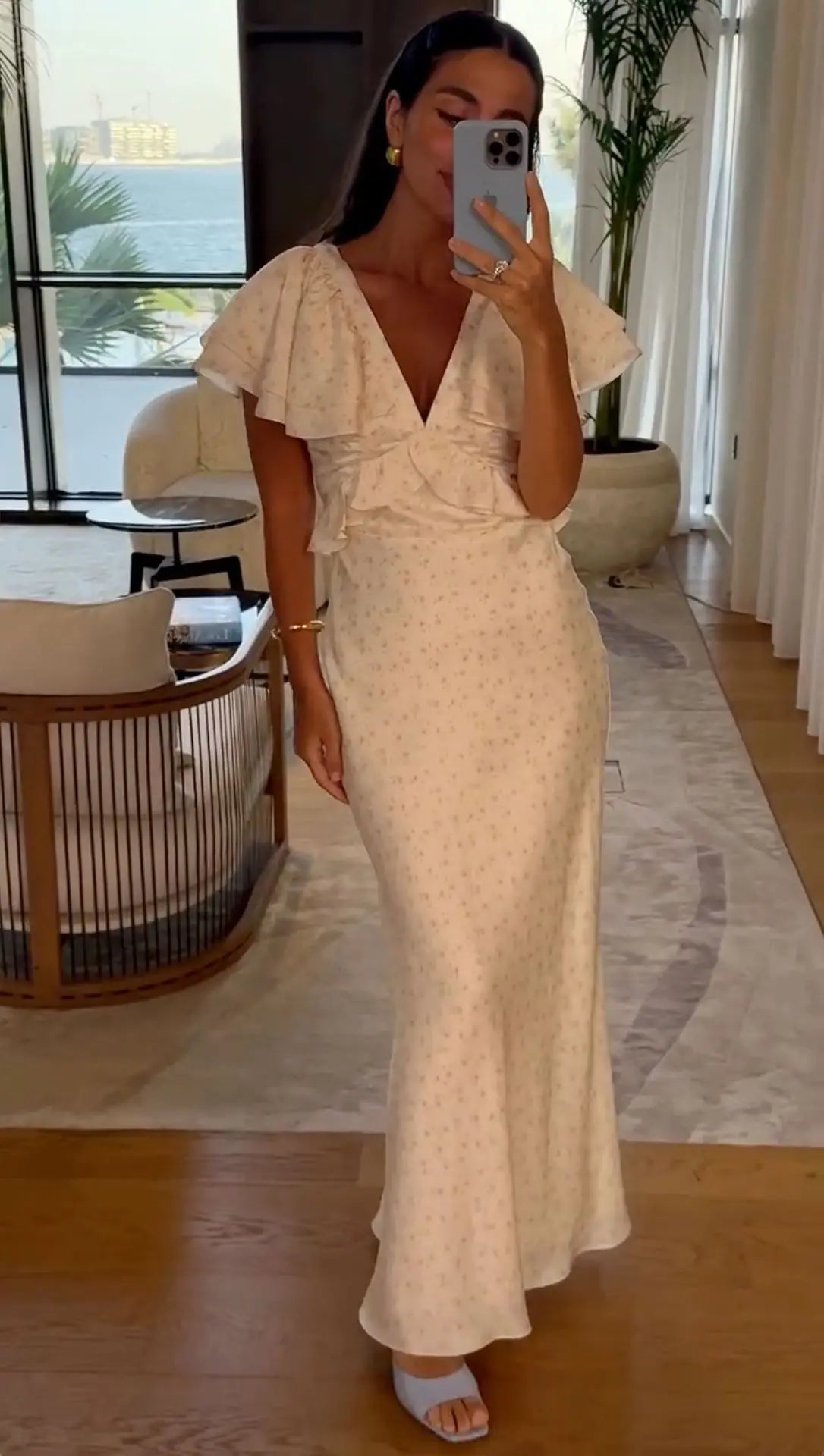 Womens Dresses 2025 Summer New Woman Clothing V Collar Ruffles Sleeve High Waist Long One-piece Dress Gown