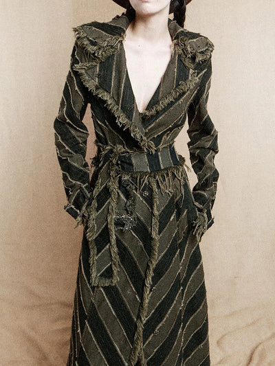 [Vibe] Women Blue Striped Burr Denim Long Trench New Turtleneck Long Sleeve Windbreaker Fashion Tide Spring Autumn 2025