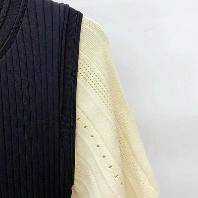 Classic Style Single Breasted Knitted Women Midi Dress O Neck Short Sleeve Hollow Out Spliced Lady Fishtail Dress