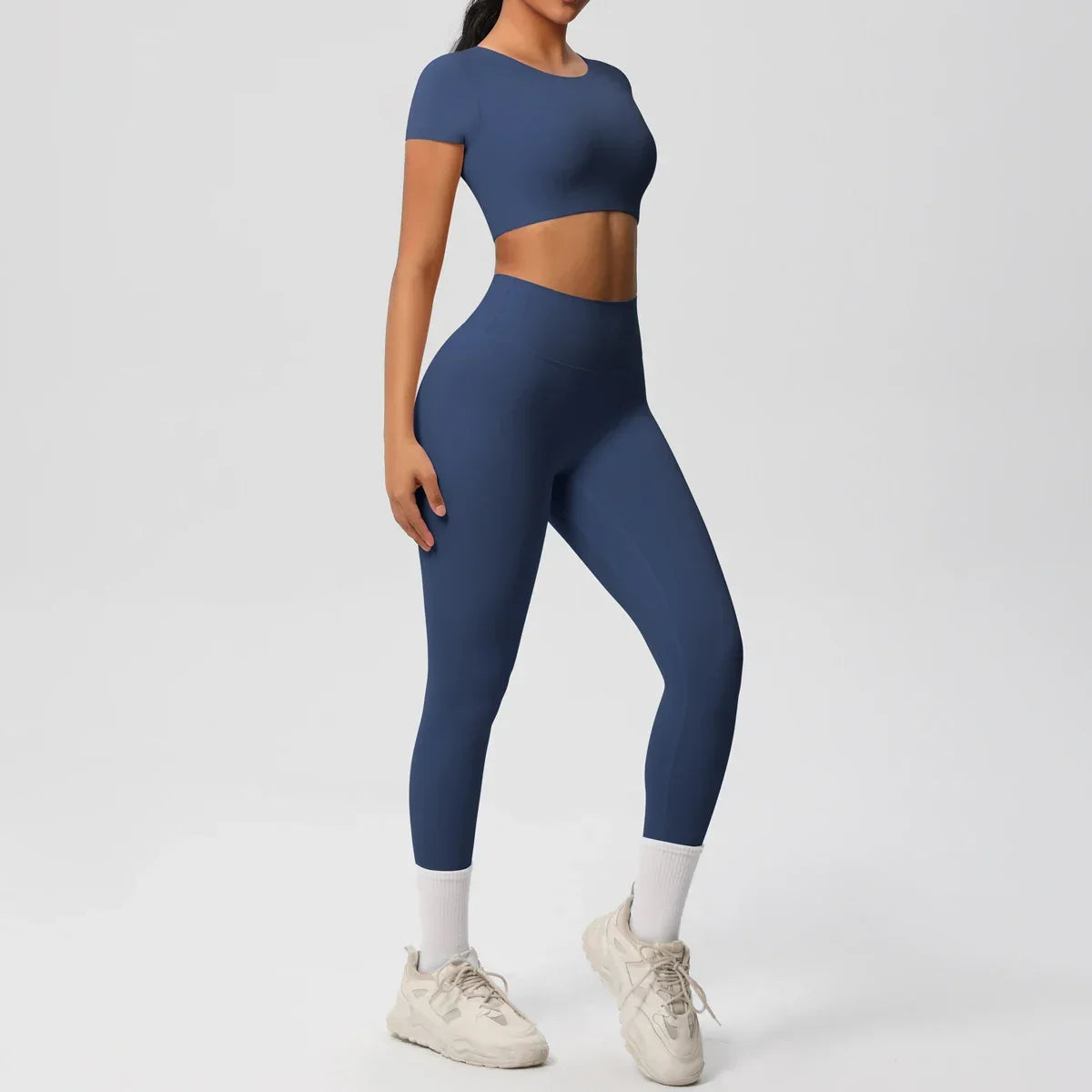 Yoga Set 2 Pieces Women Tracksuits Workout Sportswear Gym Clothing Fitness Short Sleeve With Padded High Waist Leggings Suits