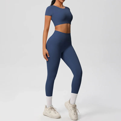 Yoga Set 2 Pieces Women Tracksuits Workout Sportswear Gym Clothing Fitness Short Sleeve With Padded High Waist Leggings Suits