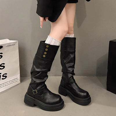 Vintage Women Knee High Boots Autumn Winter Ladies Causal Thick Heel Knight Long Botas Zapatos De Mujer