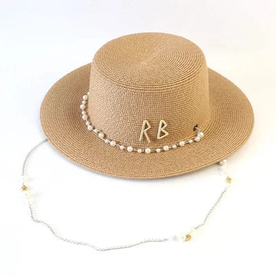 New Women Summer Hats Straw Sun Hat Panama Elegant Straw Fedoras Lady Girl Outdoor Vacation with Pearl Chain Sunshade Beach Hat