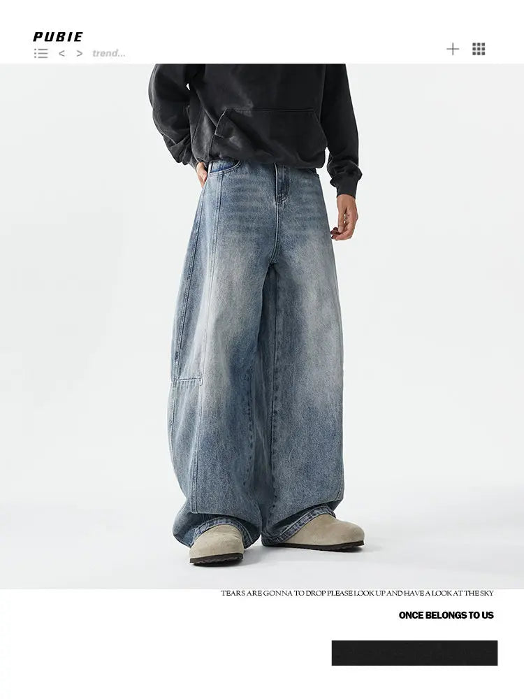 Boyfriend Jeans Men High Street Hip Hop Loose Causal Wide Leg Baggy Jeans Trousers Cityboy Blue White Denim Harem Jeans Pant