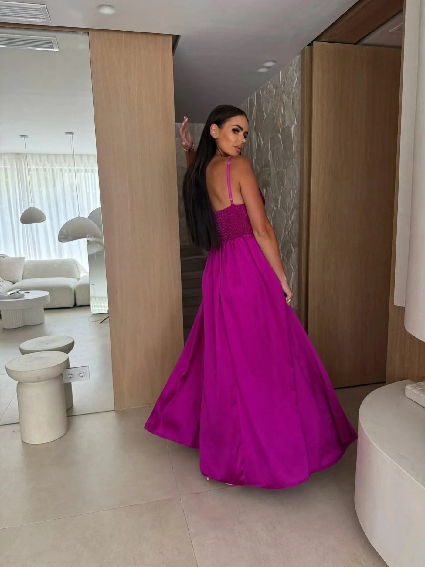 2025 Summer Women's Sexy Off Shoulder Solid Color Folded Split Strap Dress