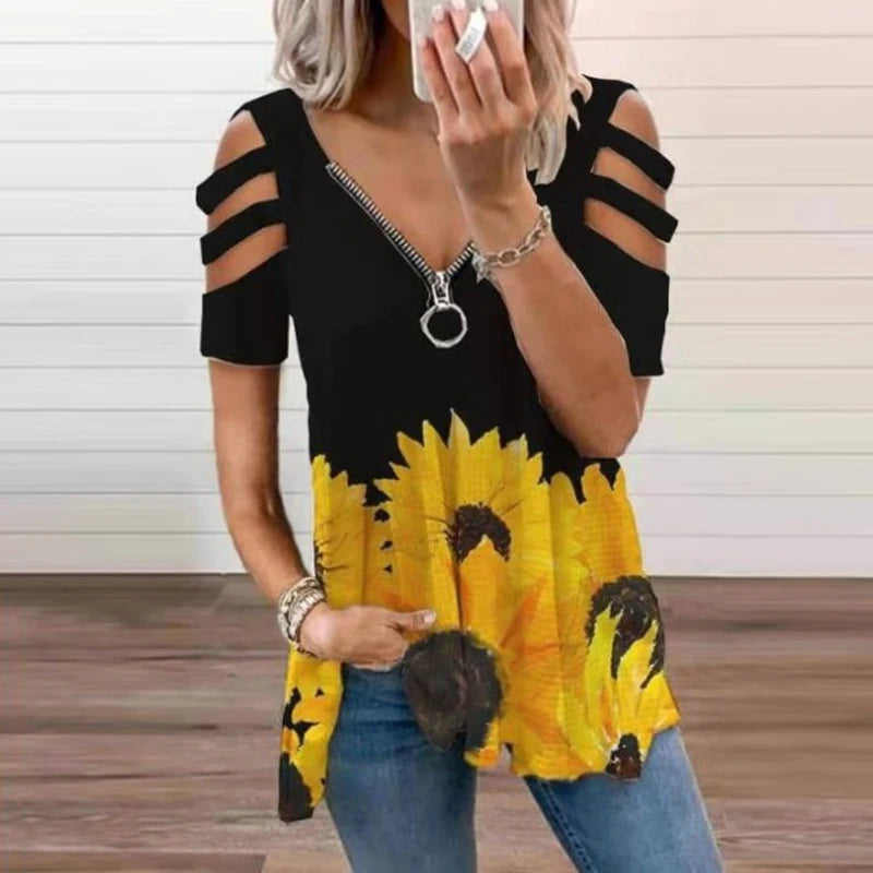 Summer Women's Oversized T-shirt 2025 Elegant Print Floral Casual Zipped V-Neck Sexy SlimTop Female Plus Size For Women Clothing