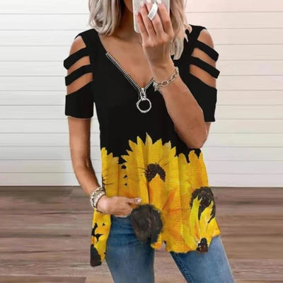 Summer Women's Oversized T-shirt 2025 Elegant Print Floral Casual Zipped V-Neck Sexy SlimTop Female Plus Size For Women Clothing