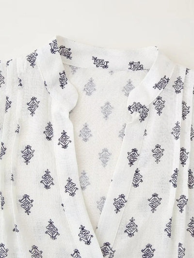 2025 Women's New Fashion Hundred Tops Puffy Sleeve Cotton Linen Printed Shirt