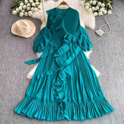 Women's V Neck Ruffles Splice Lantern Sleeve High Stretch Oversized Dresses Miyake Maxi Pleated 2025 Spring Long Party Clothing