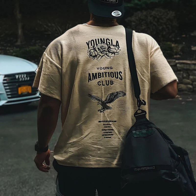 Fashion Casual Mens Clothing Men's Oversized T-shirt Ragged Short Sleeve Cotton Round Neck Printed T-shirt Gym Training Clothing