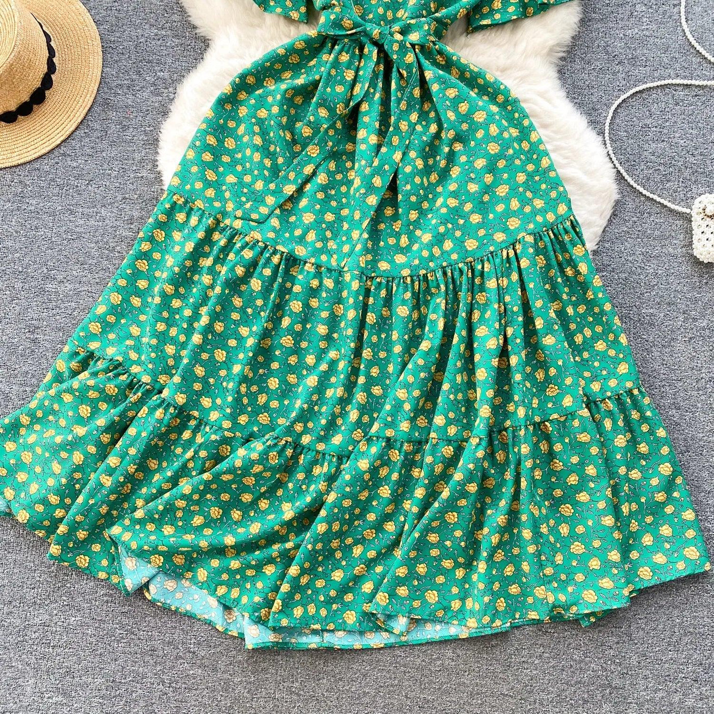 French Chic Dress Beach Style Floral Print Dresses Female V-Neck New Summer Ruffles A-Line Vestidos Women Clothes