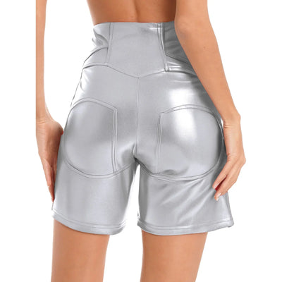 Womens Metallic Shiny Biker Tights Shorts High Waist Front Zipper Pockets Bodycon Short Leggings Motor Riding Dance Shorts