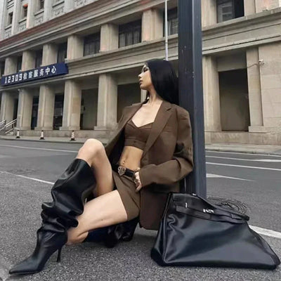 2024 Style Fashion Pointed Toe Boots Pleated Over-the-Knee Boots Women’s Wide Cowboy Boots for Women