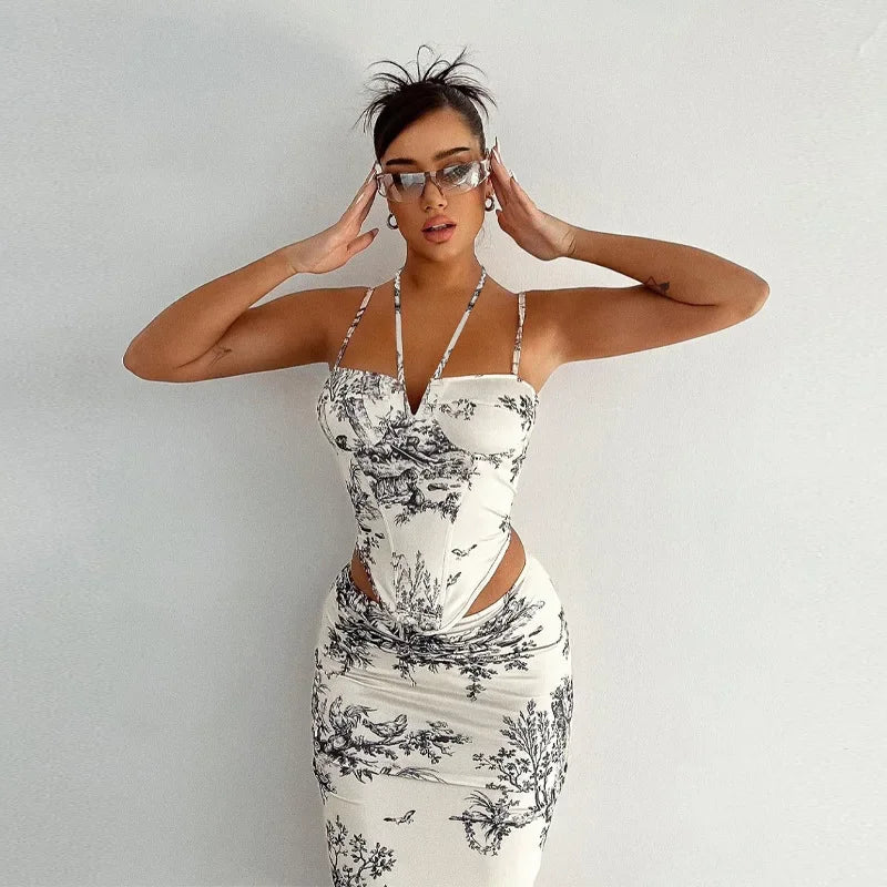 Elegant Casual Printed Tracksuits for Women 2 Piece Sexy Fashion Slash Neck Sleeveless (Tops+Skirt) Slim Fit Hip Wrap Female Set