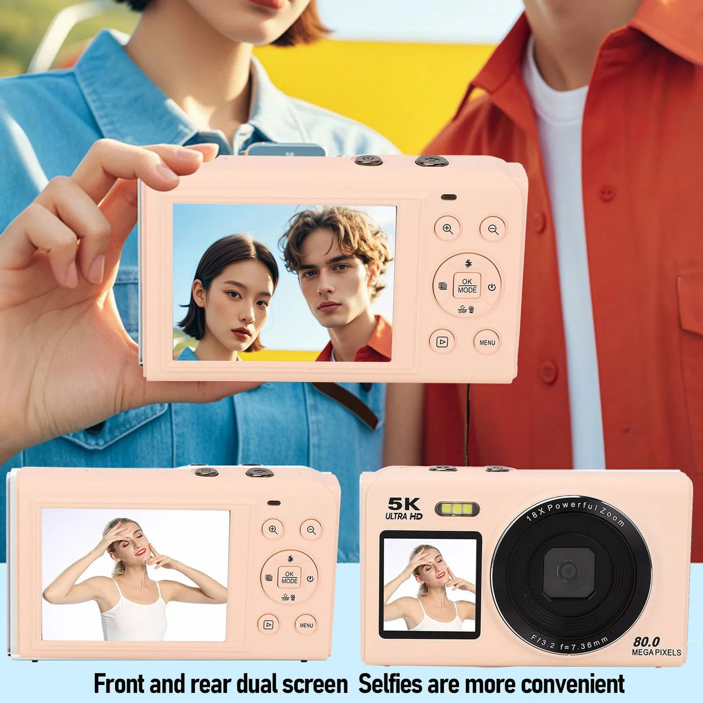 Digital Camera CCD Dual Screen Portable Digital Camera with18X Zoom 5K Vlogging Camera 80MP CCD Selfie Camera with 64GB Card