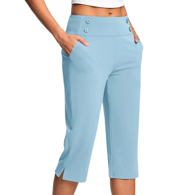 Women Elastic High Waist 3/4 Pant Casual Active Fit Wide Capris Leg Pants Trousers With Pockets Pants Woman брюки женские