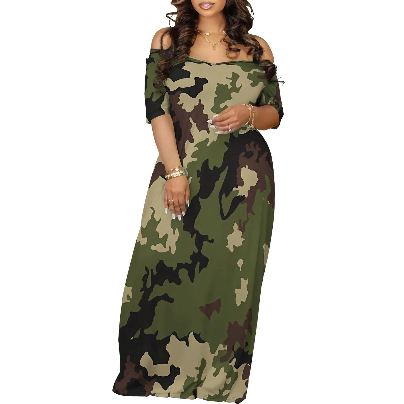 Off Shoulder Camo Maxi Dress for Women Summer Pink Print Casual Loose Fit Holiday