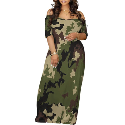 Off Shoulder Camo Maxi Dress for Women Summer Pink Print Casual Loose Fit Holiday