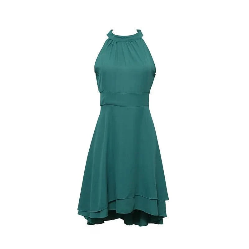 Women Elegant Dress Summer Solid High Waist Halter Sleeveless Midi Dresses Ladies Cropped Layered Chiffon Party Slim Dresses