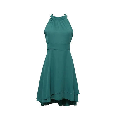 Women Elegant Dress Summer Solid High Waist Halter Sleeveless Midi Dresses Ladies Cropped Layered Chiffon Party Slim Dresses