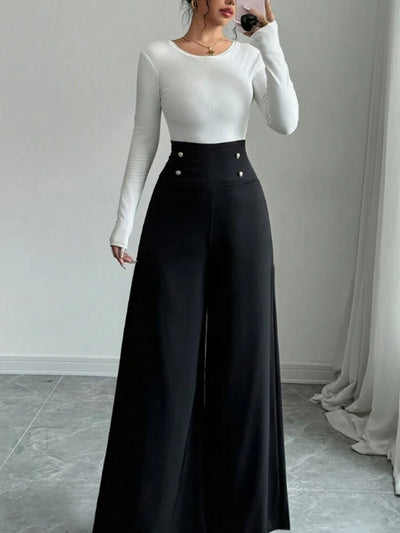 Women's Fashionable and Elegant Solid Color Wide-Leg Pants for Spring and Autumn, High Waisted Pants