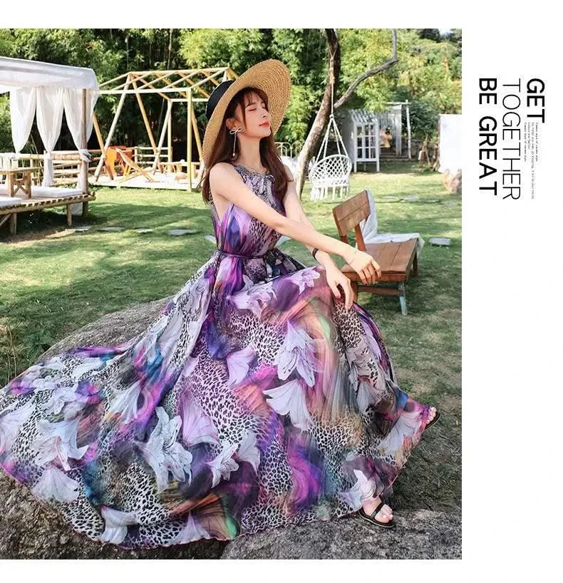 2023 New Floral Summer Sleevelss Suspender Maxi Dress for Women Sexy Backless Beach Purple Boho Robe Femme Sundress Dress Photo